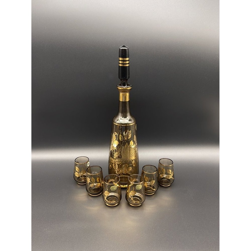Vintage Mid Century Bohemia Smoke Gold Leaf Decanter Shot Glass Set